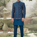 Royal Teal Prestige – Embroidered Indo Western Jacket Kurta Set – Palkhi Fashion Houston