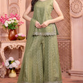 Earthy Elegance | Olive Green Silk Kurta Palazzo Set with Embroidered Hem | Palkhi Fashion