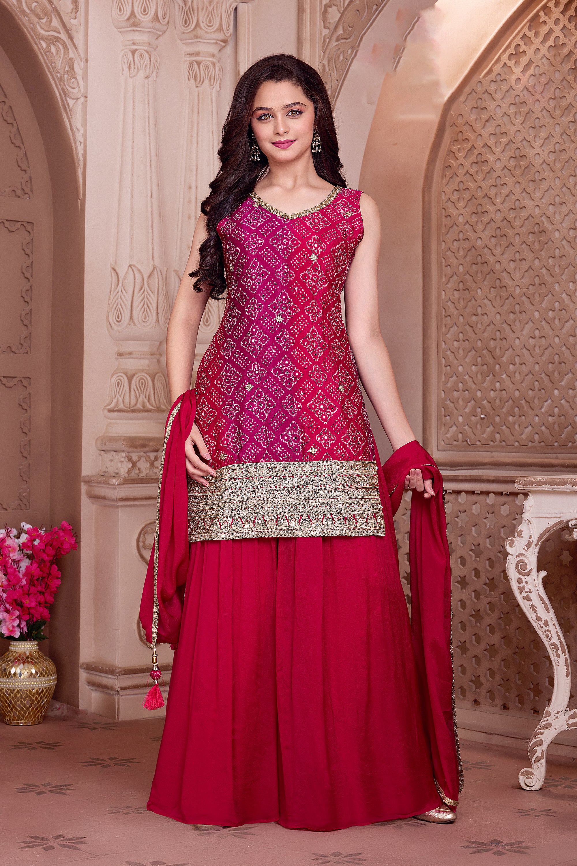 Festive Rani Pink Bandhani Kurta Palazzo Set for Girls | Palkhi Fashion