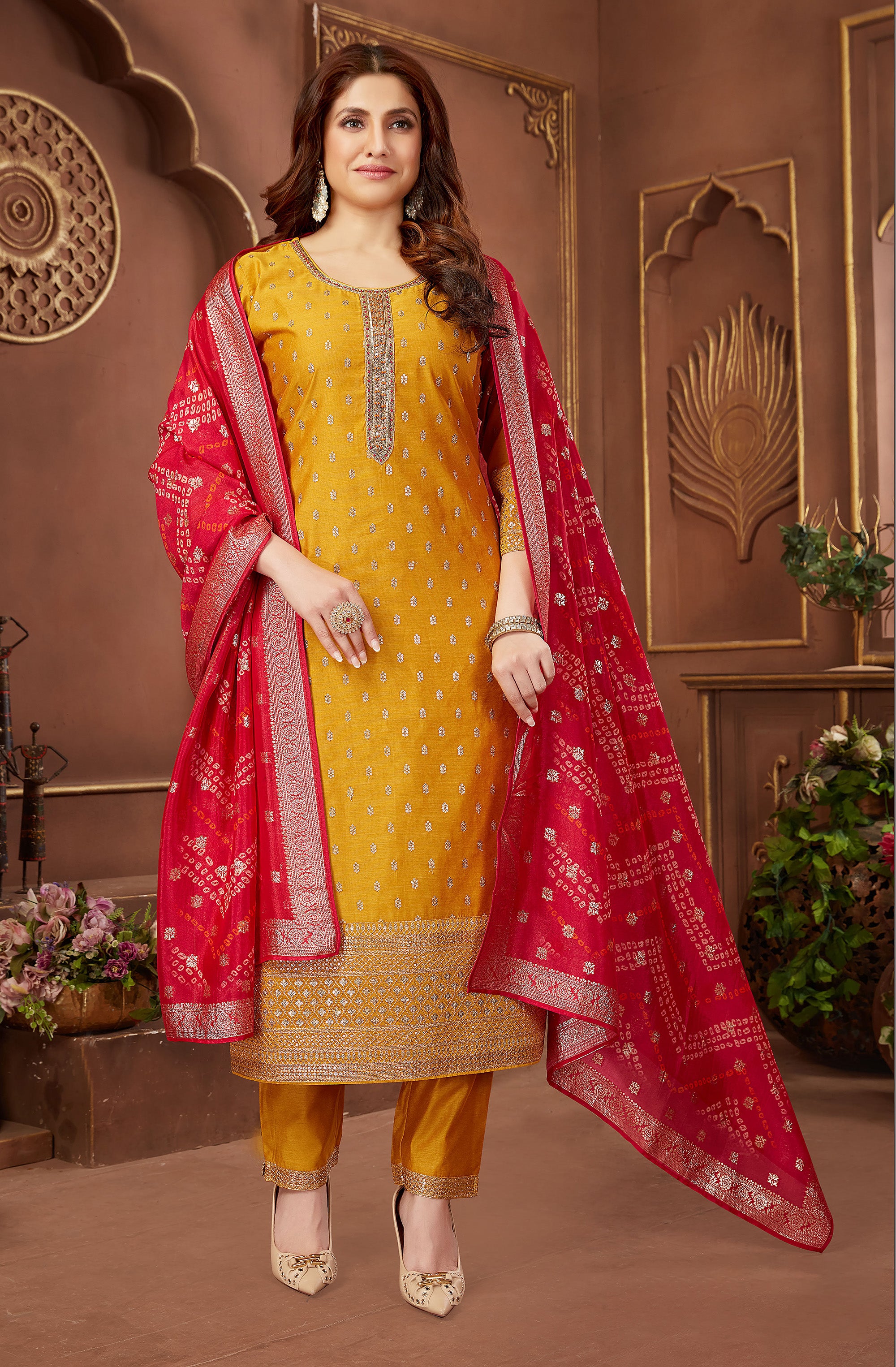 Classic Charm | Cream Silk Straight Suit with Bandhani Dupatta | Palkhi Fashion