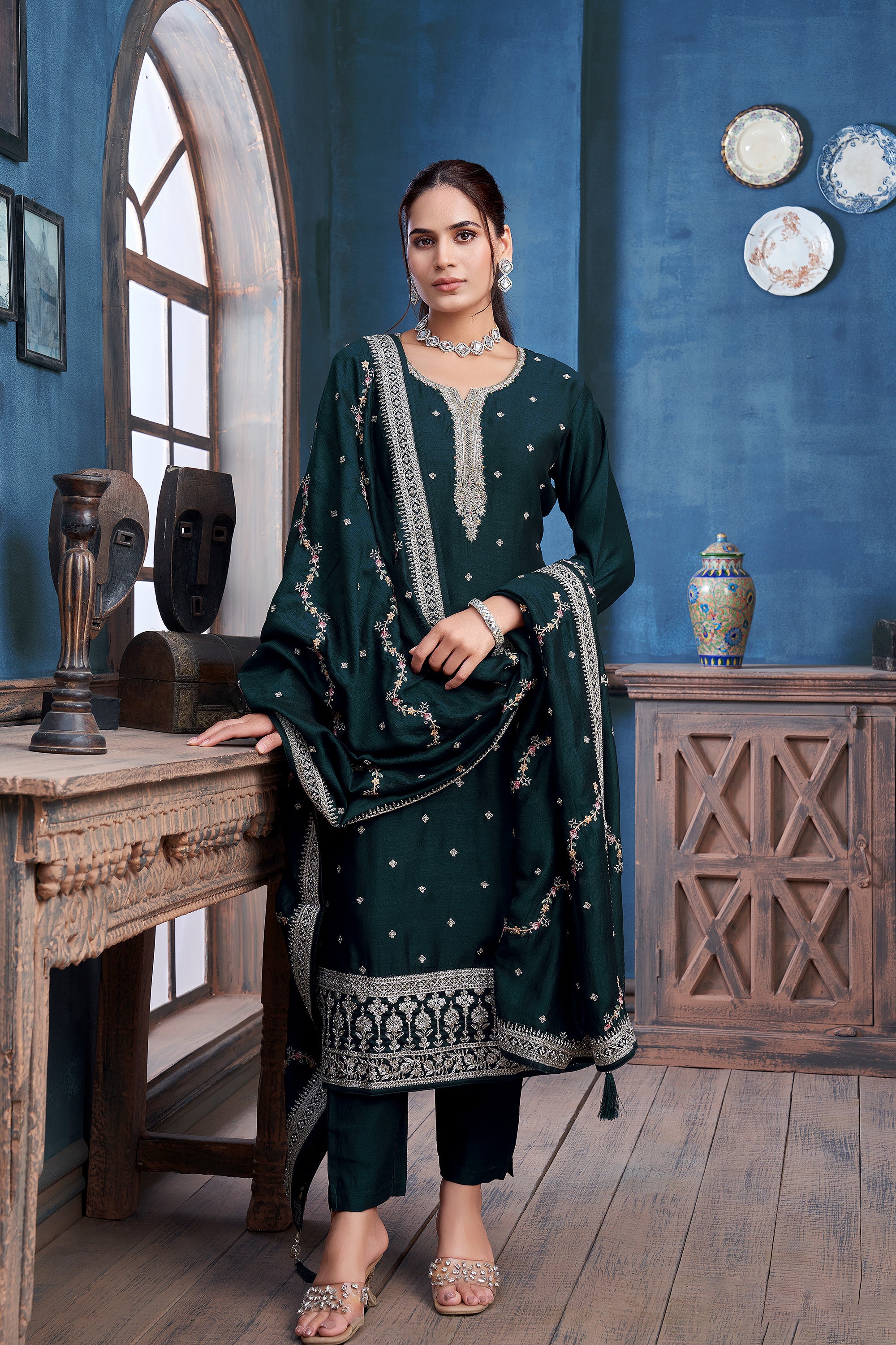 Regal Teal | Deep Teal Silk Straight Suit Resham Work Dupatta | Palkhi Fashion