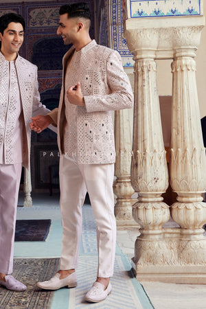 Stunning Beige Mirror Work Indo-Western for Men – Stylish Open Jacket Set 