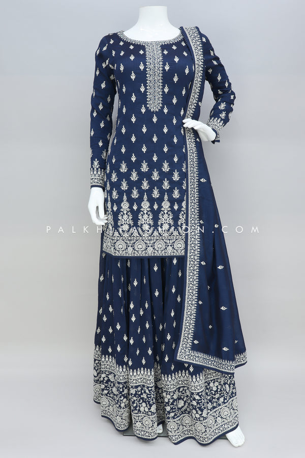 Navy Blue Pure Silk Palazzo Outfit With Embroidery Work