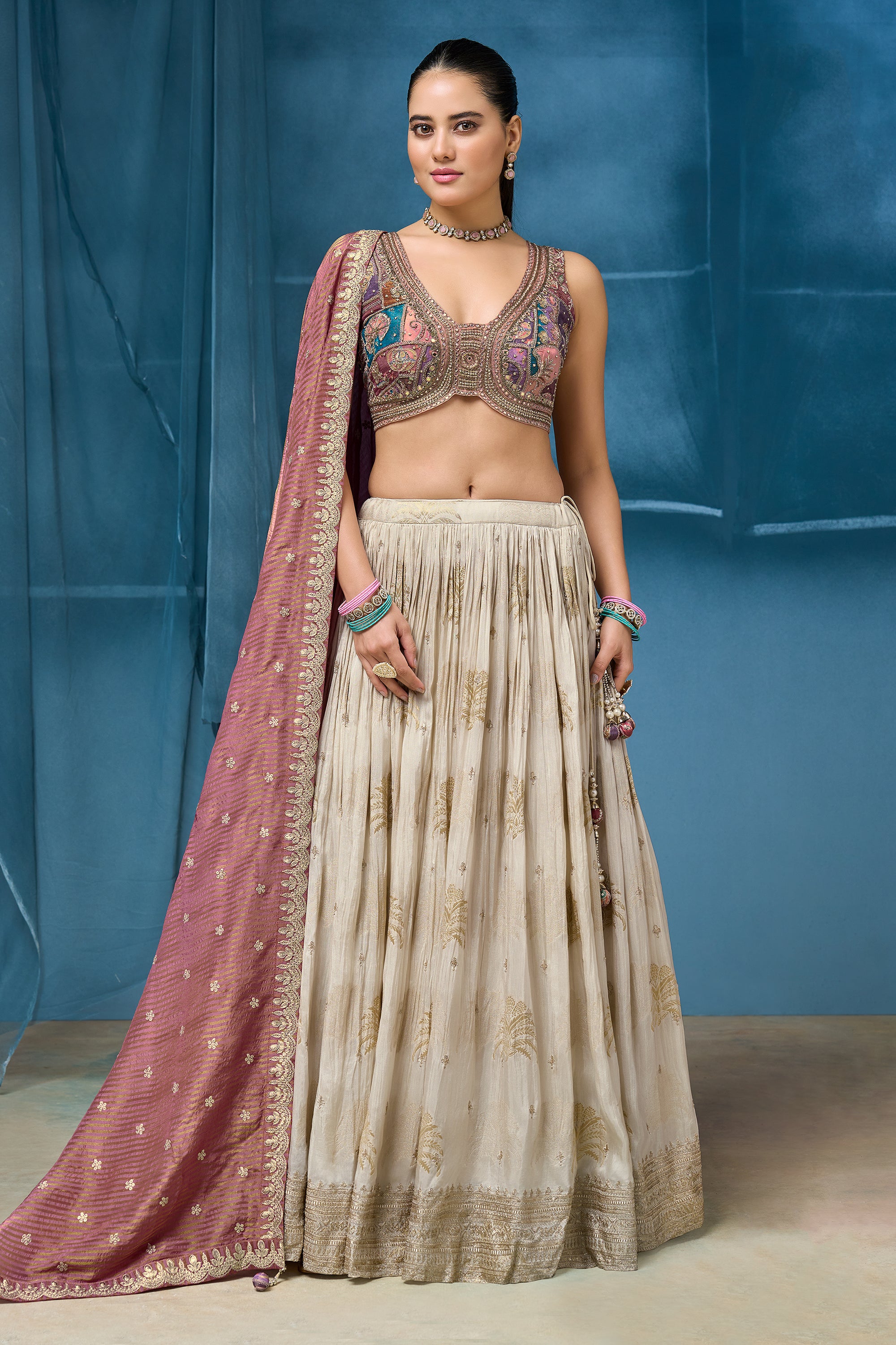 Ethereal Ivory Crushed Silk Lehenga with Resham Work | Palkhi Fashion