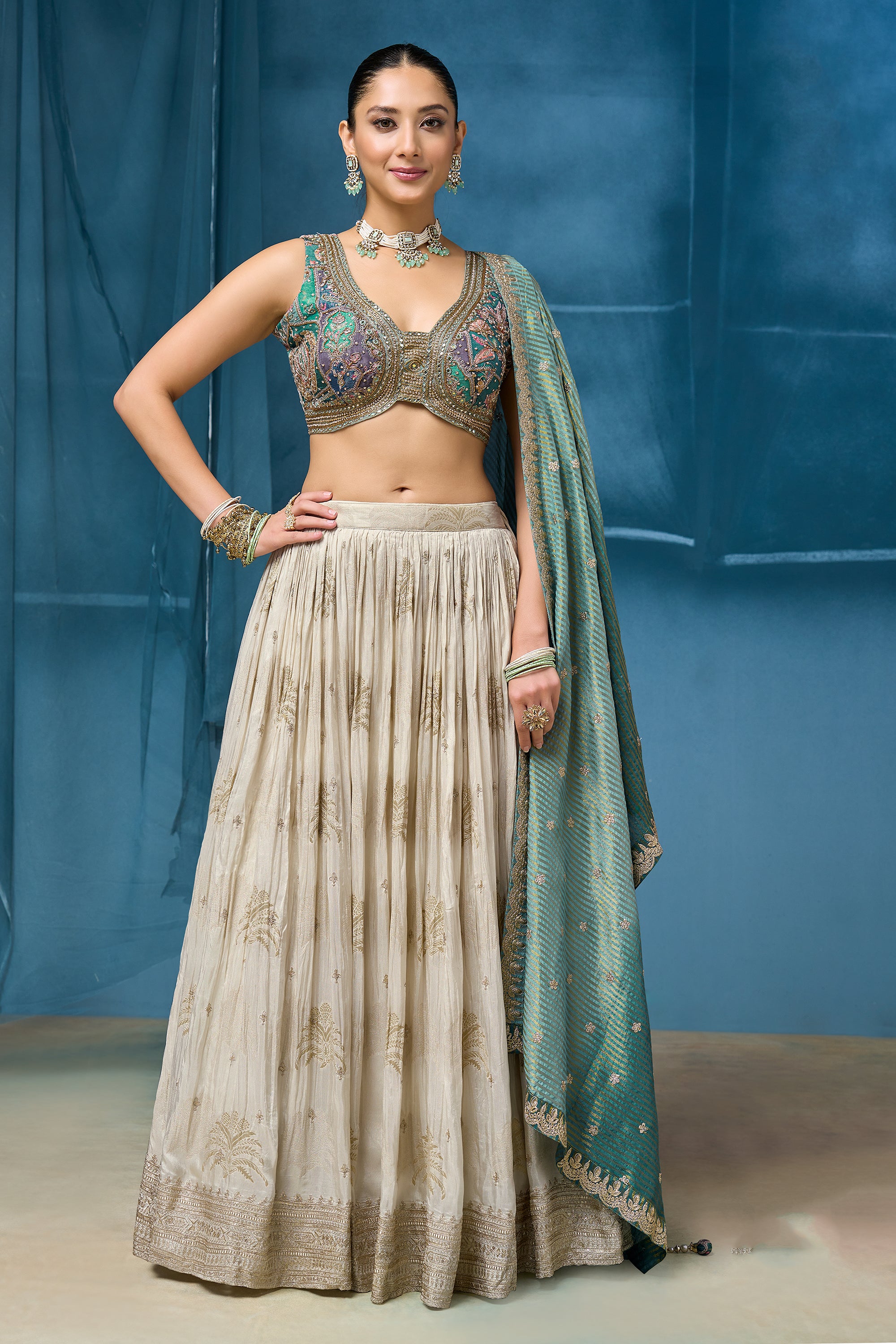 Ivory Silk Flared Lehenga with Multicolor Embroidery | Palkhi Fashion