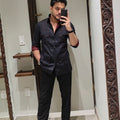 Midnight Edge | Black Linen Designer Men's Shacket with Contrast Details | Palkhi Fashion