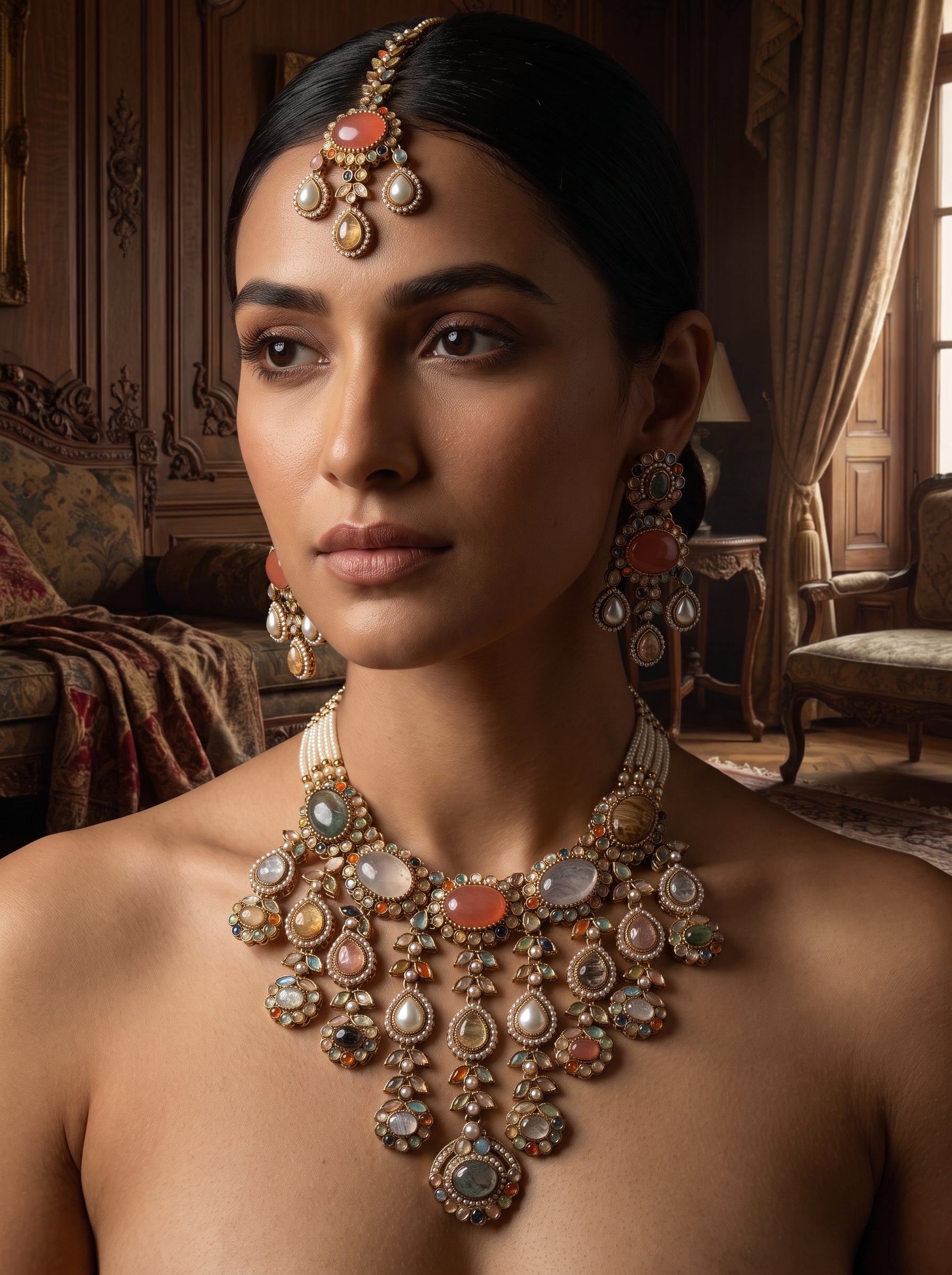 Royal Navratna Multicolor Stone Bridal Necklace Set | Palkhi Fashion