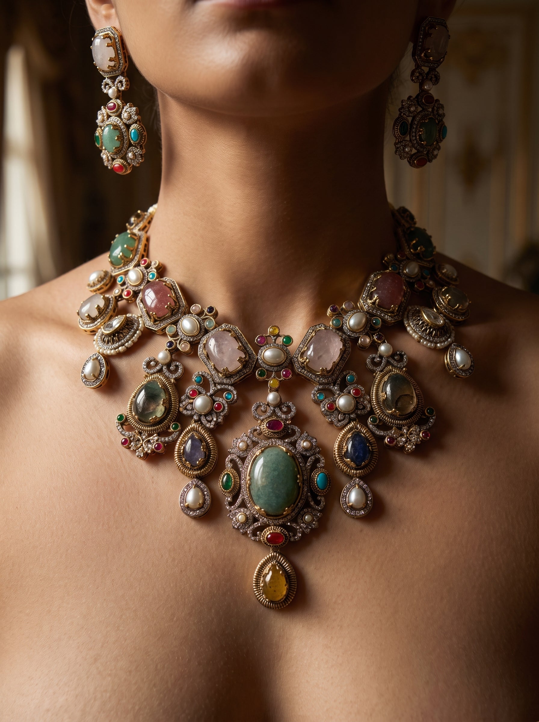 Majestic Antique Gold Multicolor Bridal Necklace Set | Palkhi Fashion