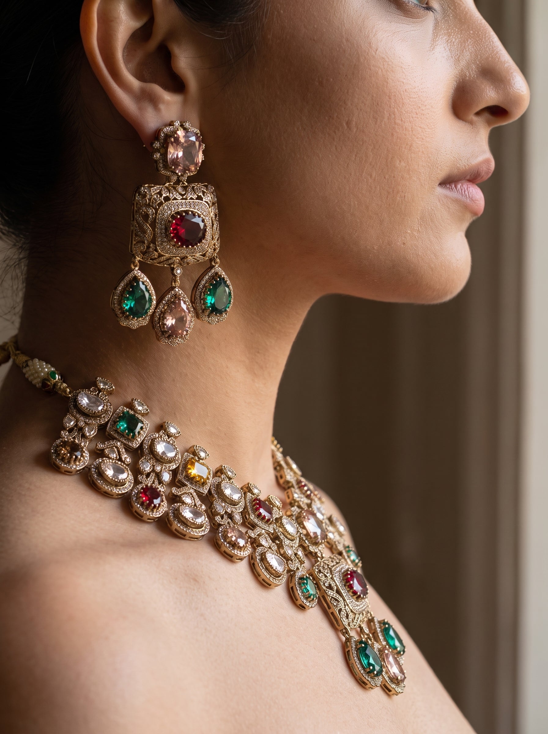 Majestic Gold Multicolor Bridal Necklace Set | Palkhi Fashion