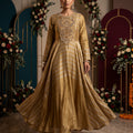 Gilded Elegance | Antique Gold Tissue Silk Anarkali Suit with Peacock Embroidery & Pearl Handwork | Palkhi Fashion