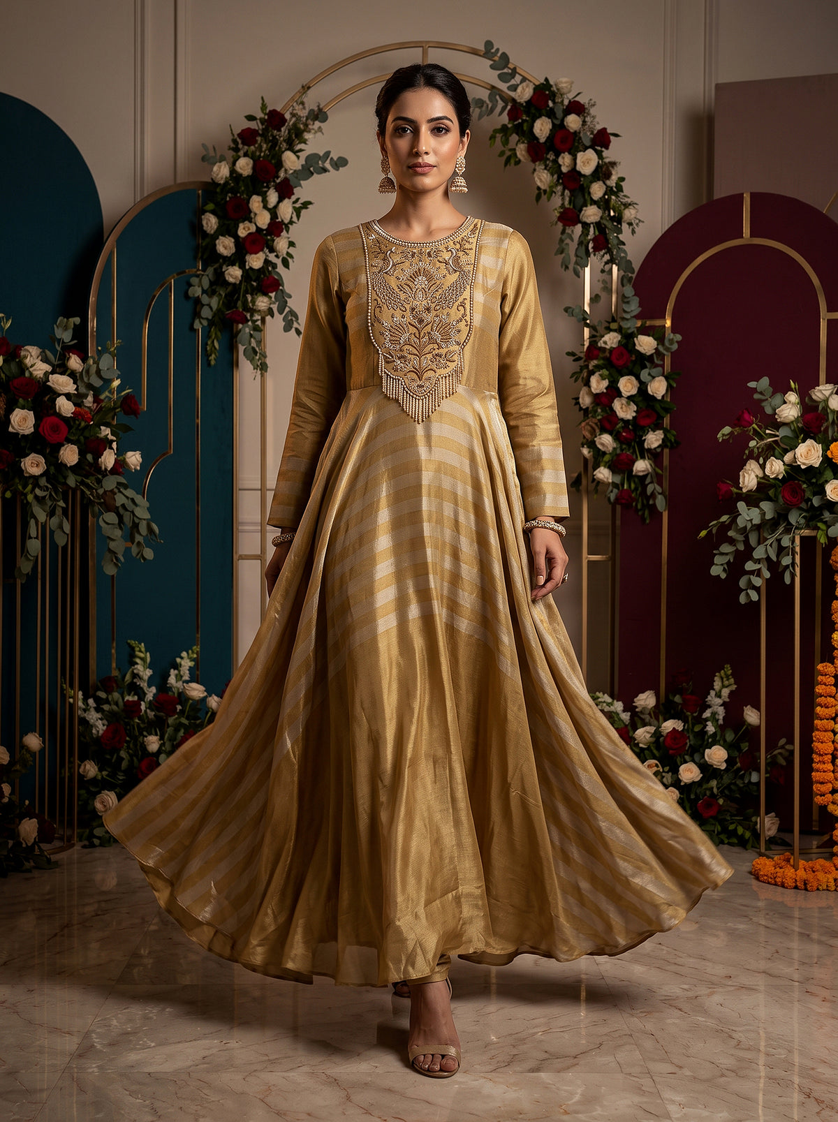Gilded Elegance | Antique Gold Tissue Silk Anarkali Suit with Peacock Embroidery & Pearl Handwork | Palkhi Fashion