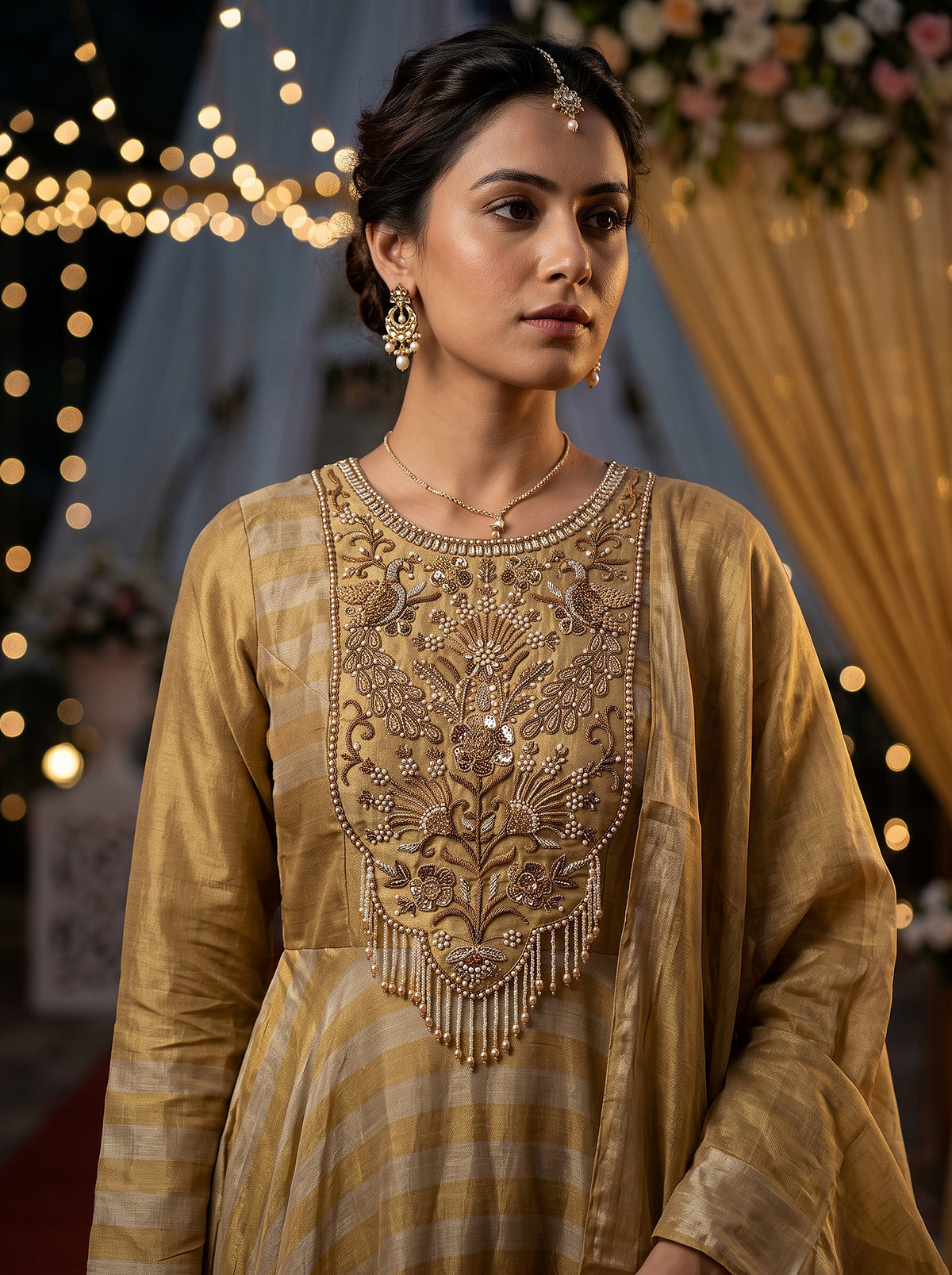 Gilded Elegance | Antique Gold Tissue Silk Anarkali Suit with Peacock Embroidery & Pearl Handwork | Palkhi Fashion