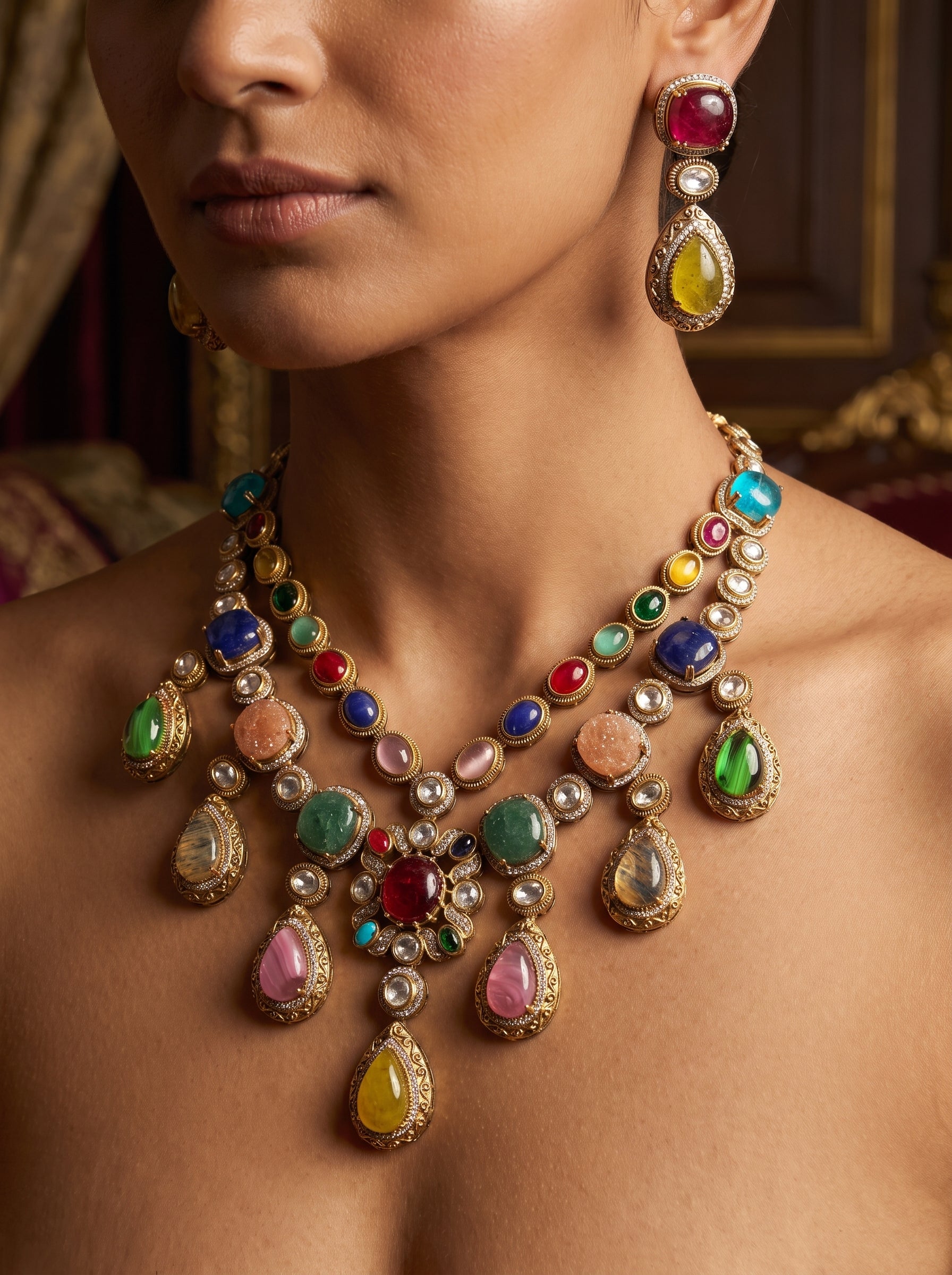 Grand Gold Multicolor Bridal Necklace Set | Palkhi Fashion