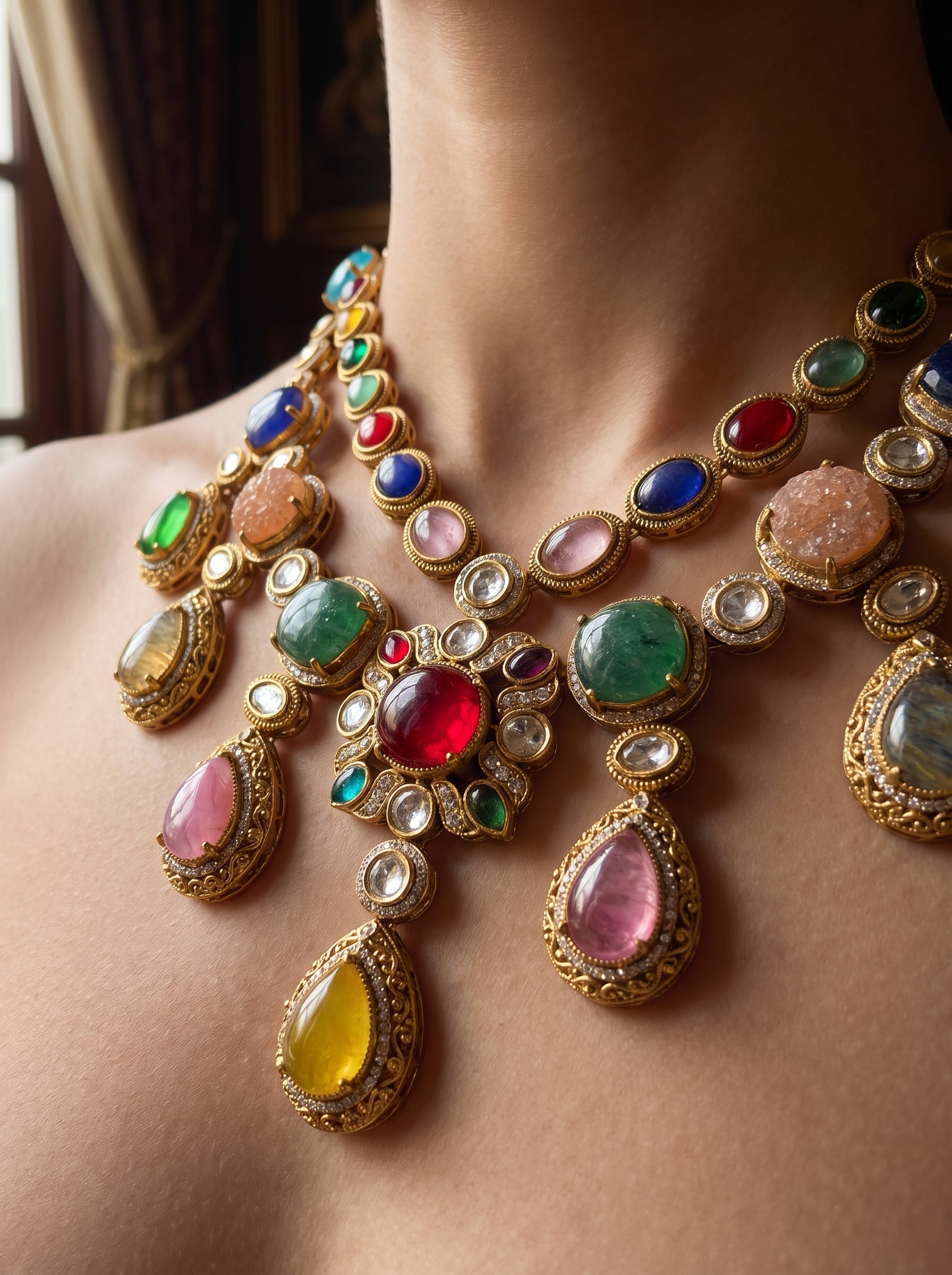 Grand Gold Multicolor Bridal Necklace Set | Palkhi Fashion