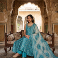 Aqua Bloom | Teal Blue Chanderi Silk Anarkali with Mirror Work | Palkhi Fashion