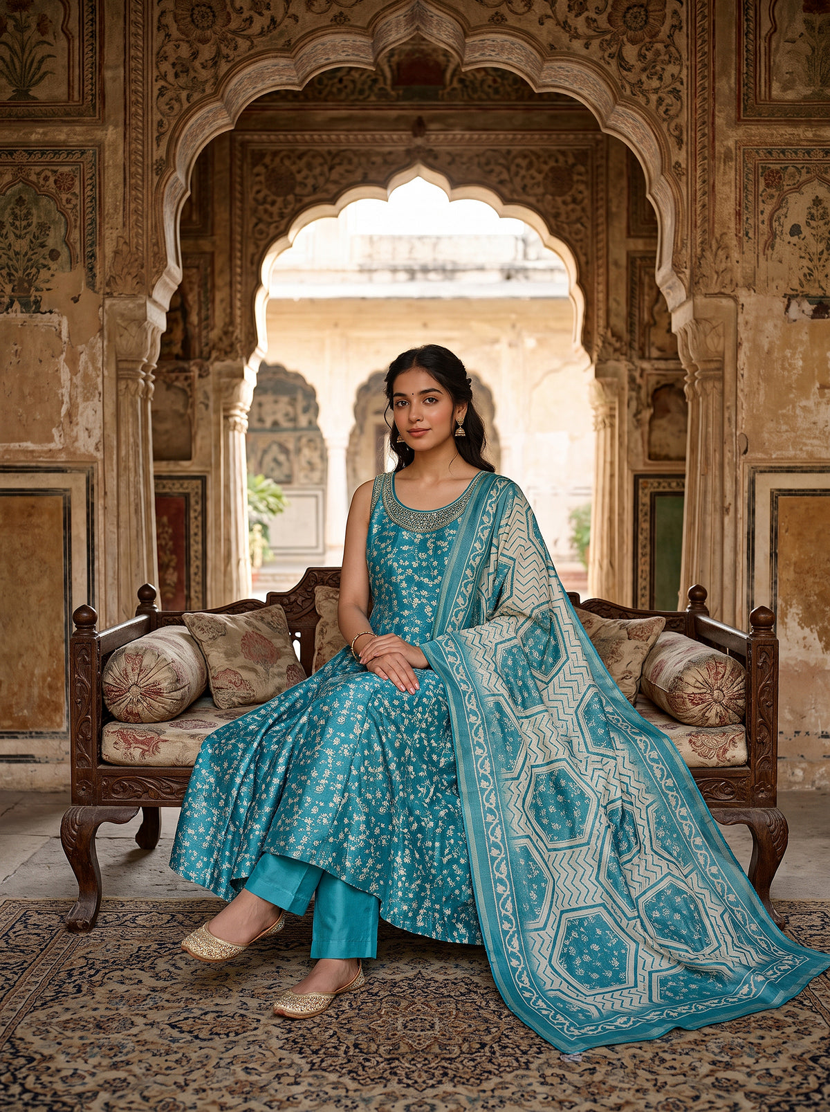 Aqua Bloom | Teal Blue Chanderi Silk Anarkali with Mirror Work | Palkhi Fashion