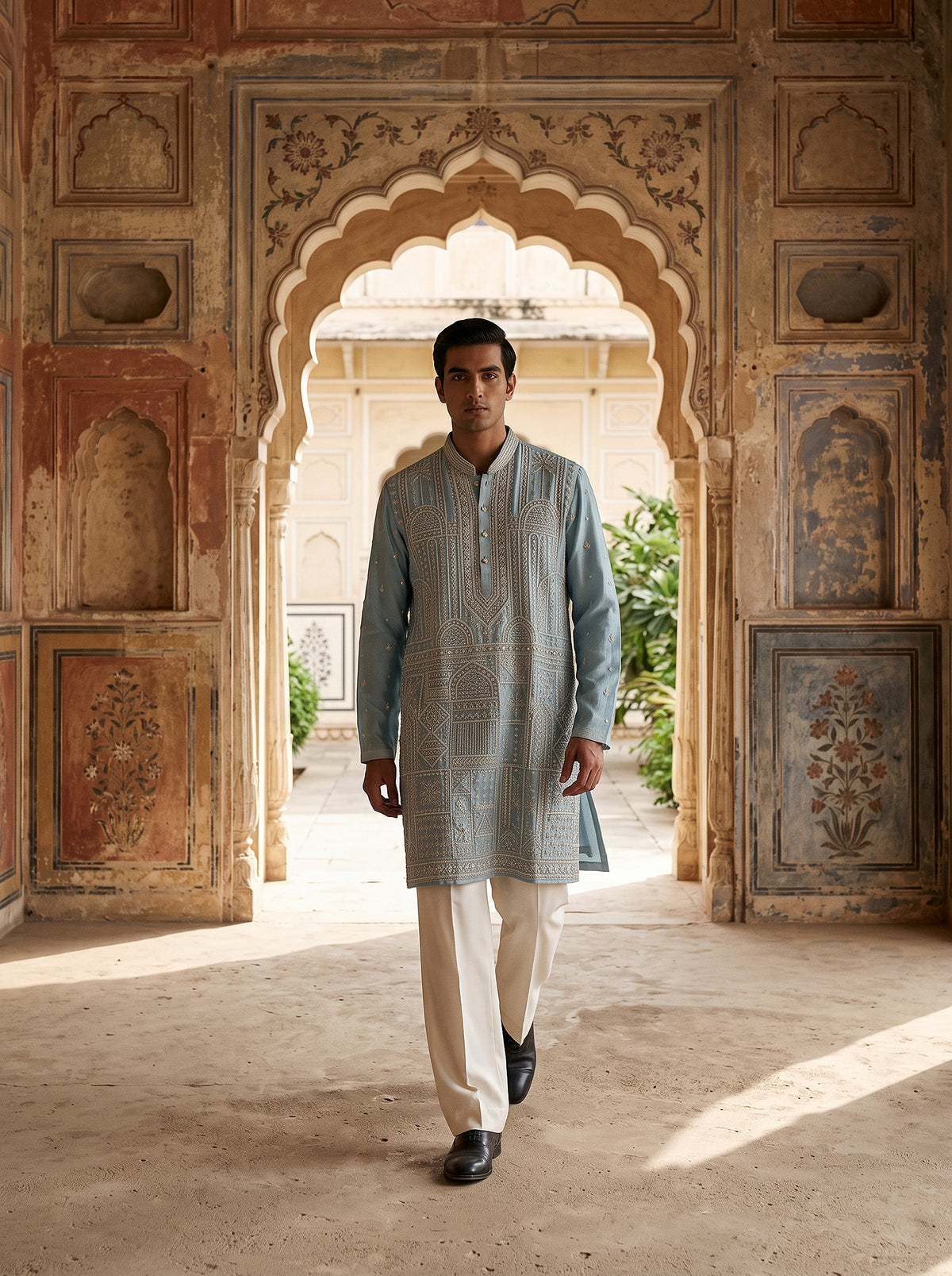 Imperial Azure | Bespoke Azure Blue Silk Hand-Embellished Kurta Set | Palkhi Fashion