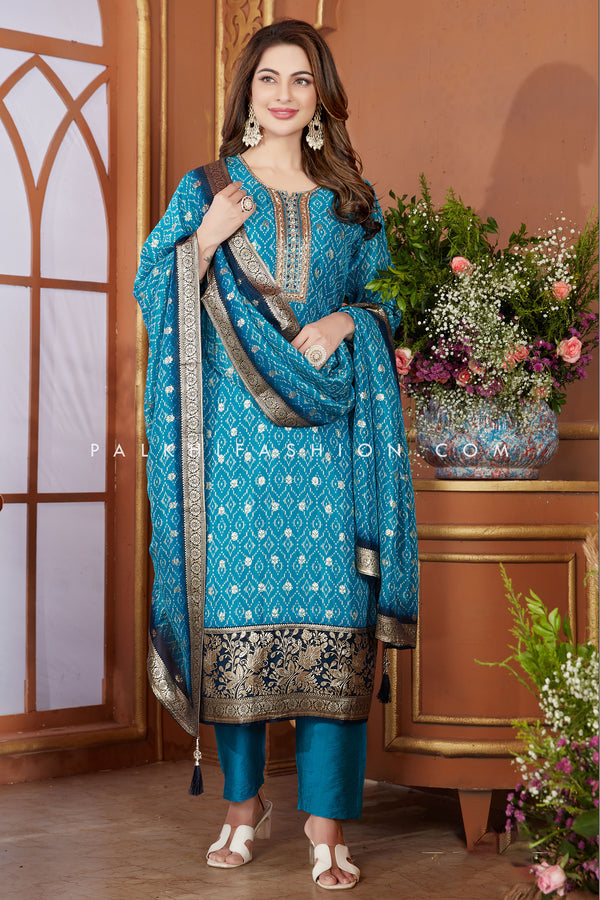 Banarasi Silk Blue Silk Straight-Cut Suit with Threadwork and Stone Accents