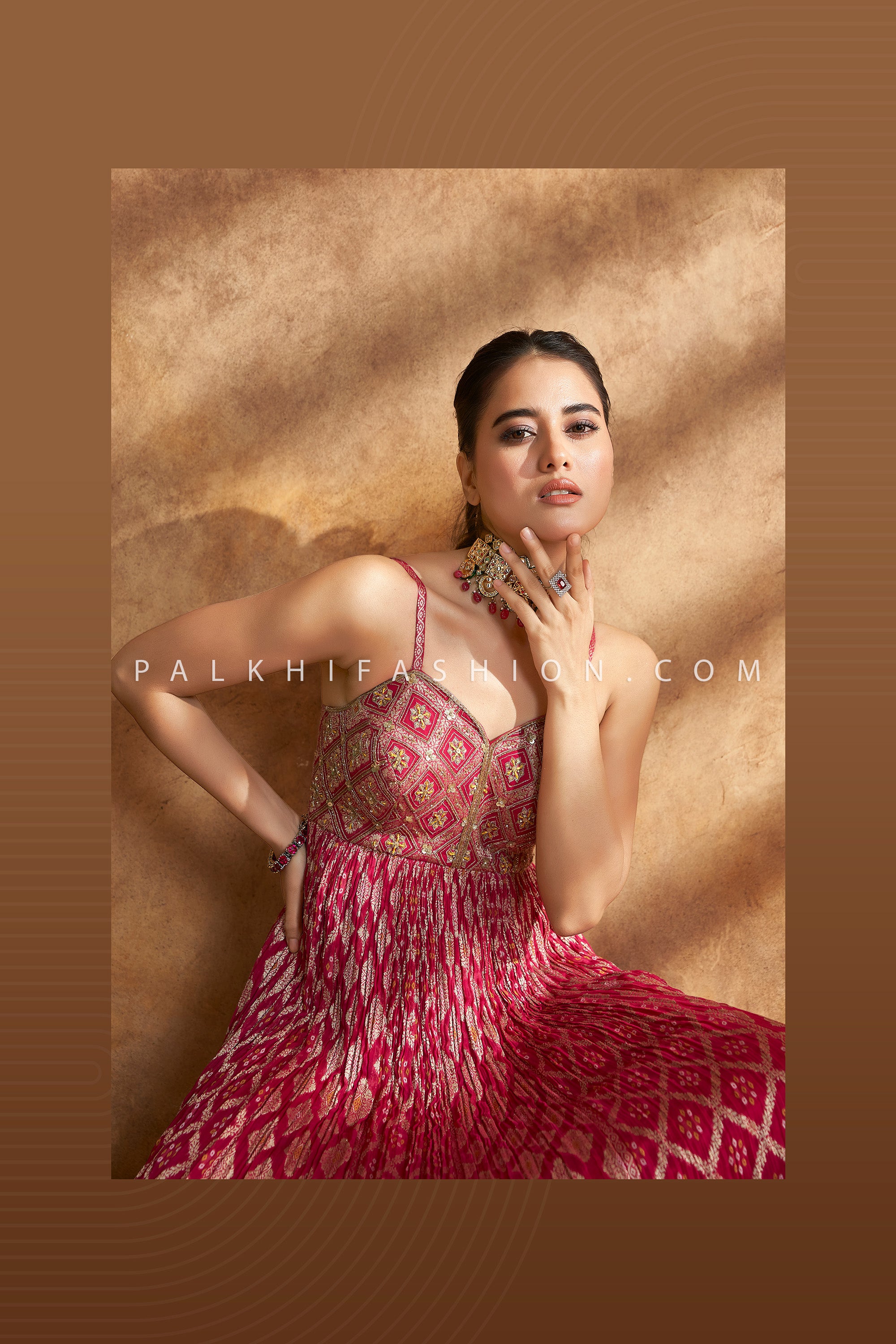 Bandhani Royal Edit – Rani Pink Handwork Georgette Gown With Dupatta – Palkhi Fashion