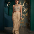 Golden Hour Glamour | Champagne Crape Silk Draped Skirt Set with Elegant work Crop Top | Palkhi Fashion
