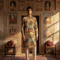 Imperial Canvas | Beige Silk Blend Kurta Pajama Mughal Heritage Print | Palkhi Fashion