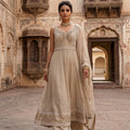 Gilded Glamour | Beige & Gold Georgette Anarkali Palazzo Suit with Zari Embroidery | Palkhi Fashion