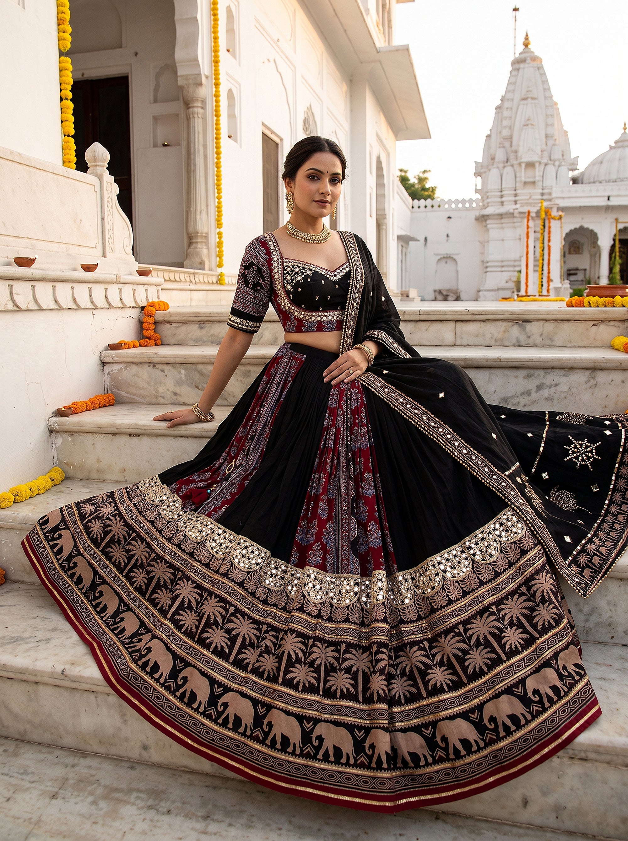 Festive Royalty | Black & Maroon Ajrakh Block Print Mirrorwork Chaniya Choli | Palkhi Fashion