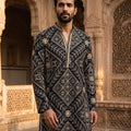 Midnight Majesty | Black Bandhej Print Mens Kurta Set with Cutdana & Petit Stone | Palkhi Fashion