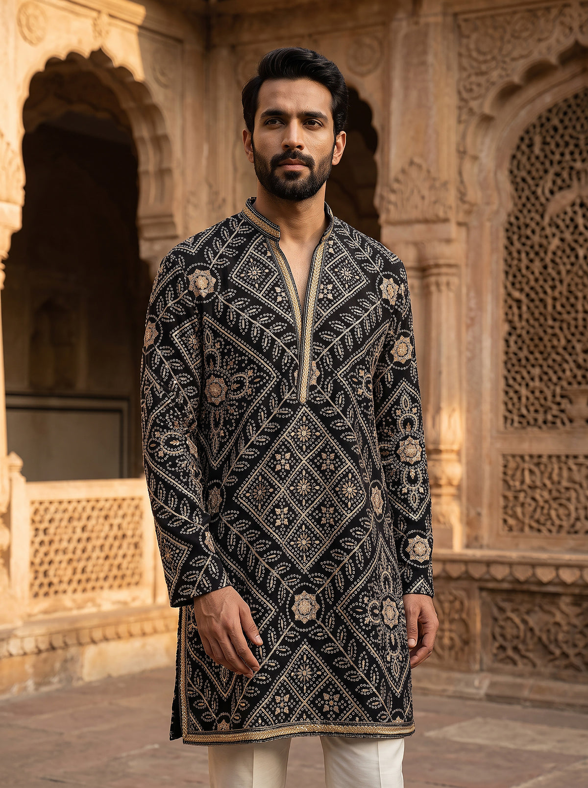 Midnight Majesty | Black Bandhej Print Mens Kurta Set with Cutdana & Petit Stone | Palkhi Fashion