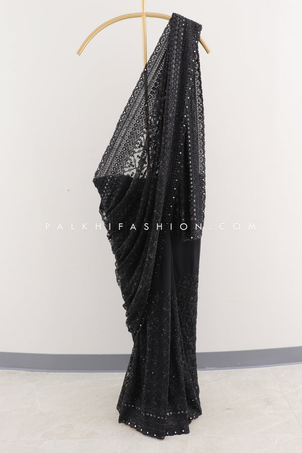 Black Celebrity Inspired Saree with Handwork - Palkhi Fashion