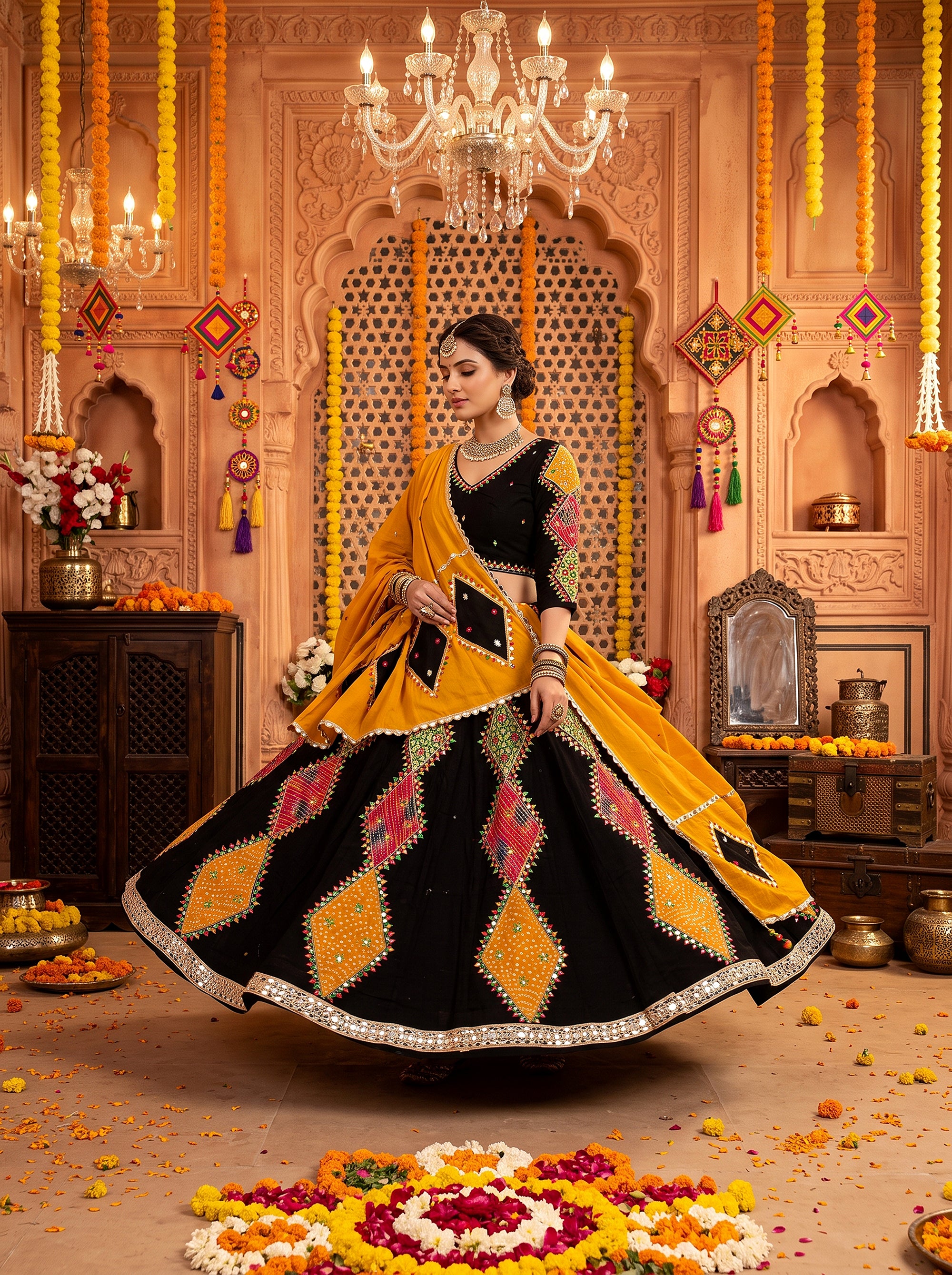 Festive Splendor | Black & Yellow Cotton Bandhani Diamond Patchwork Chaniya Choli with Mirror Work | Palkhi Fashion