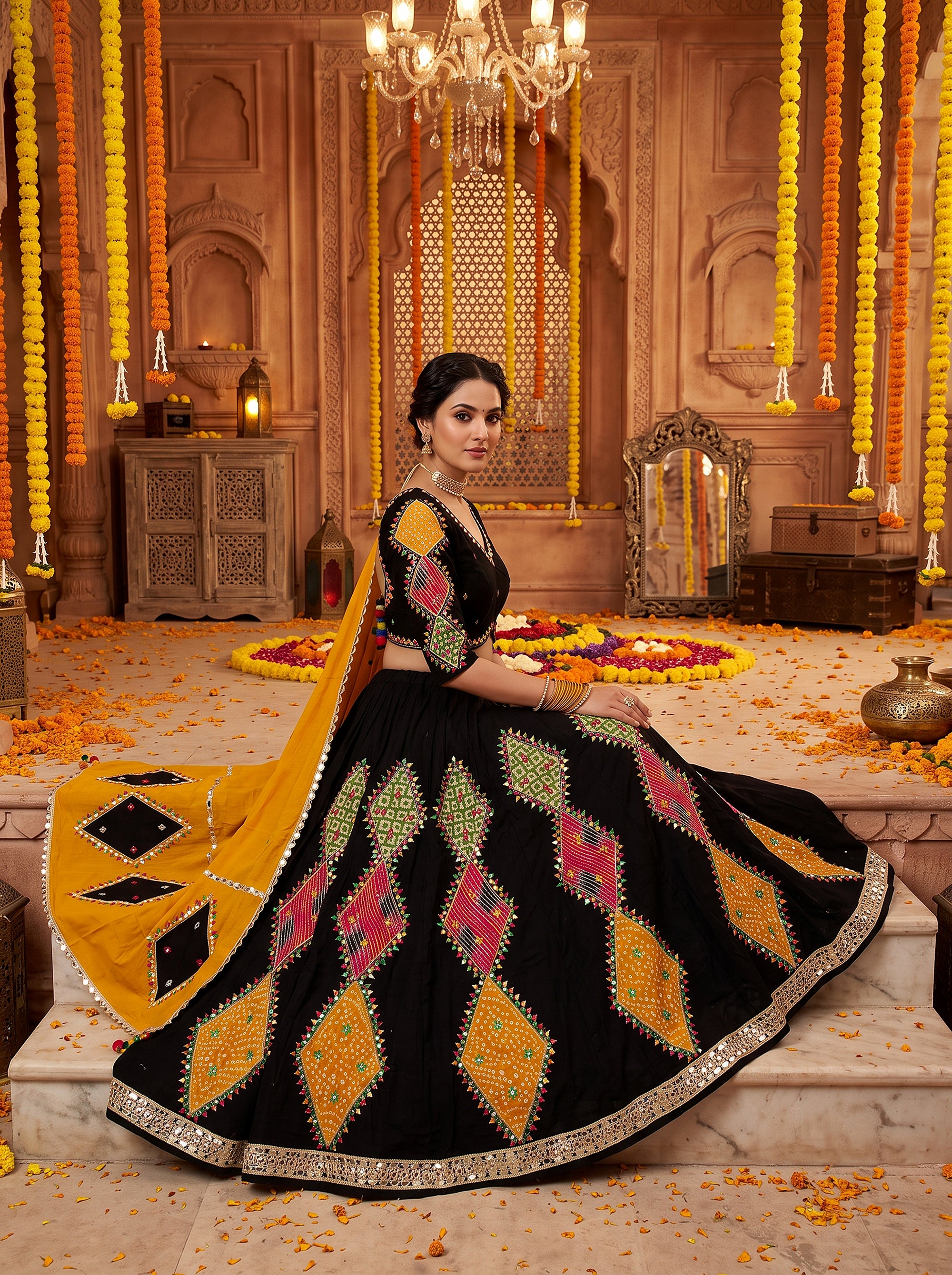 Festive Splendor | Black & Yellow Cotton Bandhani Diamond Patchwork Chaniya Choli with Mirror Work | Palkhi Fashion