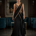Glamorous Midnight | Black and Antique Gold Crepe Silk Pre-Draped Mermaid Designer Lehenga Set | Palkhi Fashion