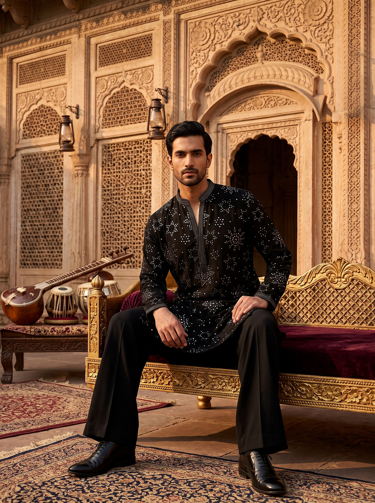 Midnight Majesty | Black Mirror Work Kurta Set with Korean Pants | Palkhi Fashion