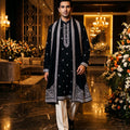 Regal Midnight | Black Embroidered Kurta Set with Mirror Work & Stole | Palkhi Fashion