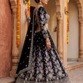 Midnight Enchantment | Black Georgette Crane Resham & Cutdana Embroidered Lehenga Set | Palkhi Fashion