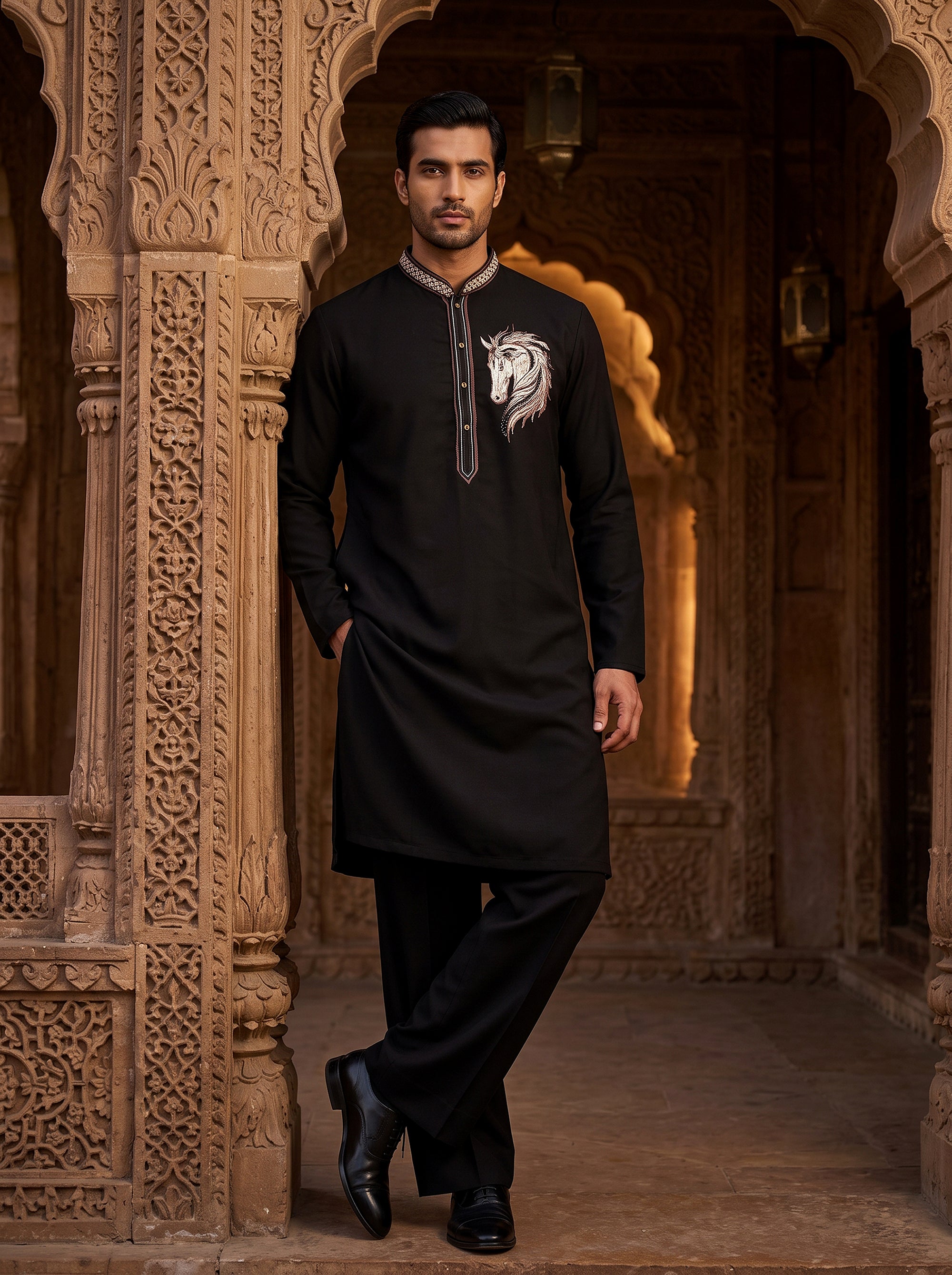 Equine Majesty | Black Armani Blend Kurta Set with Embroidered Horse Motif | Palkhi Fashion