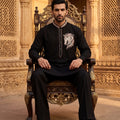 Equine Majesty | Black Armani Blend Kurta Set with Embroidered Horse Motif | Palkhi Fashion