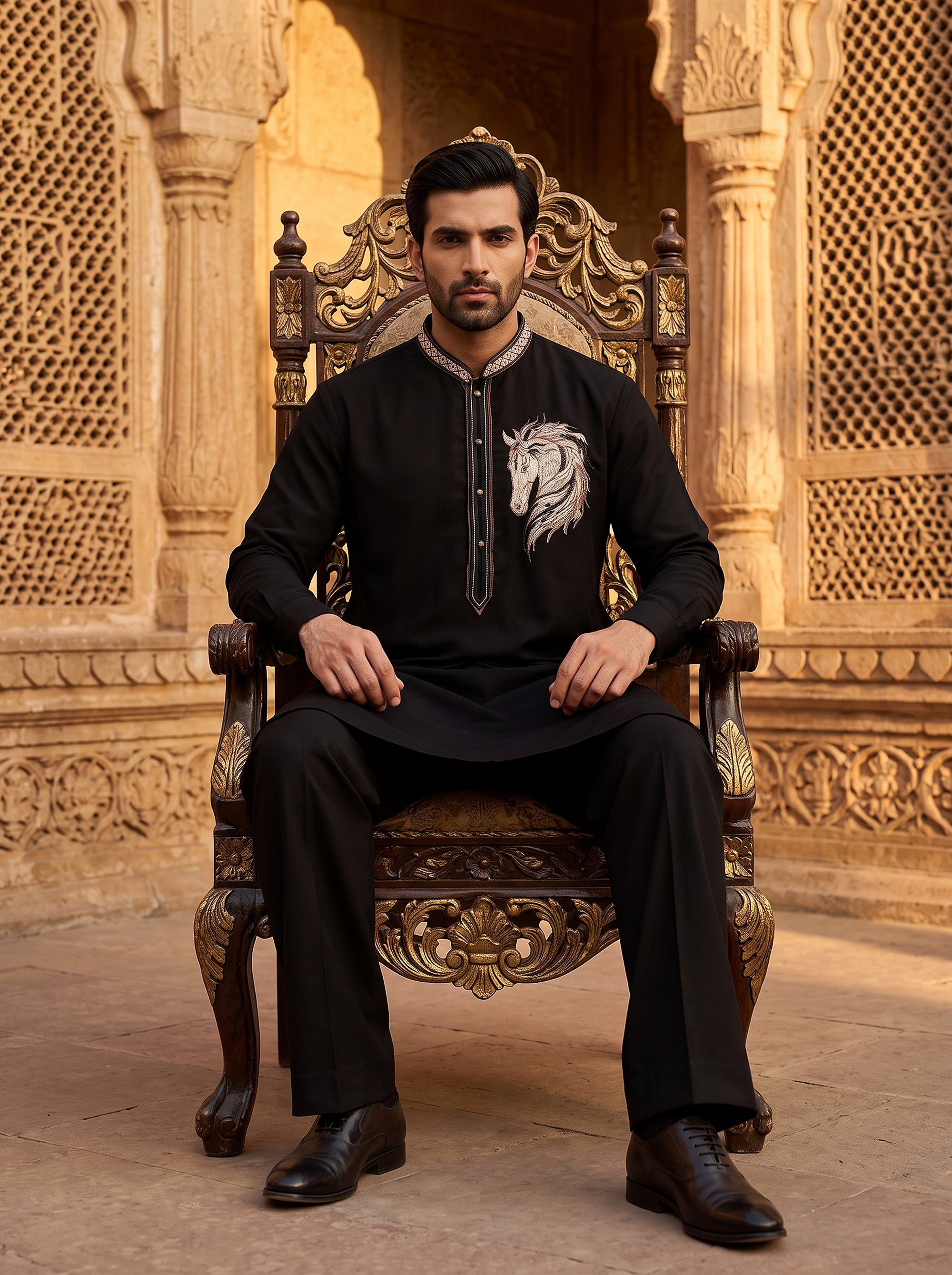 Equine Majesty | Black Armani Blend Kurta Set with Embroidered Horse Motif | Palkhi Fashion