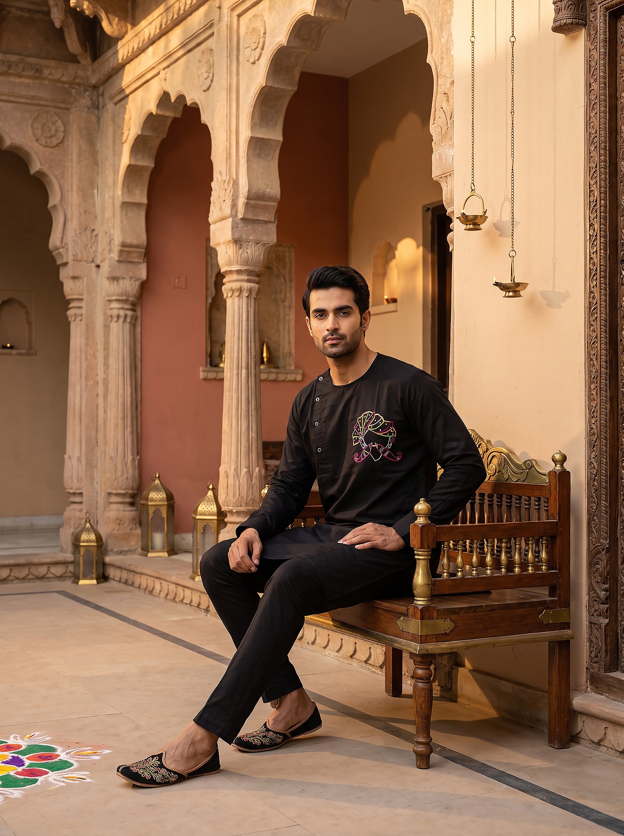 Mharo Des | Black Premium Kurta Threadwork | Palkhi Fashion