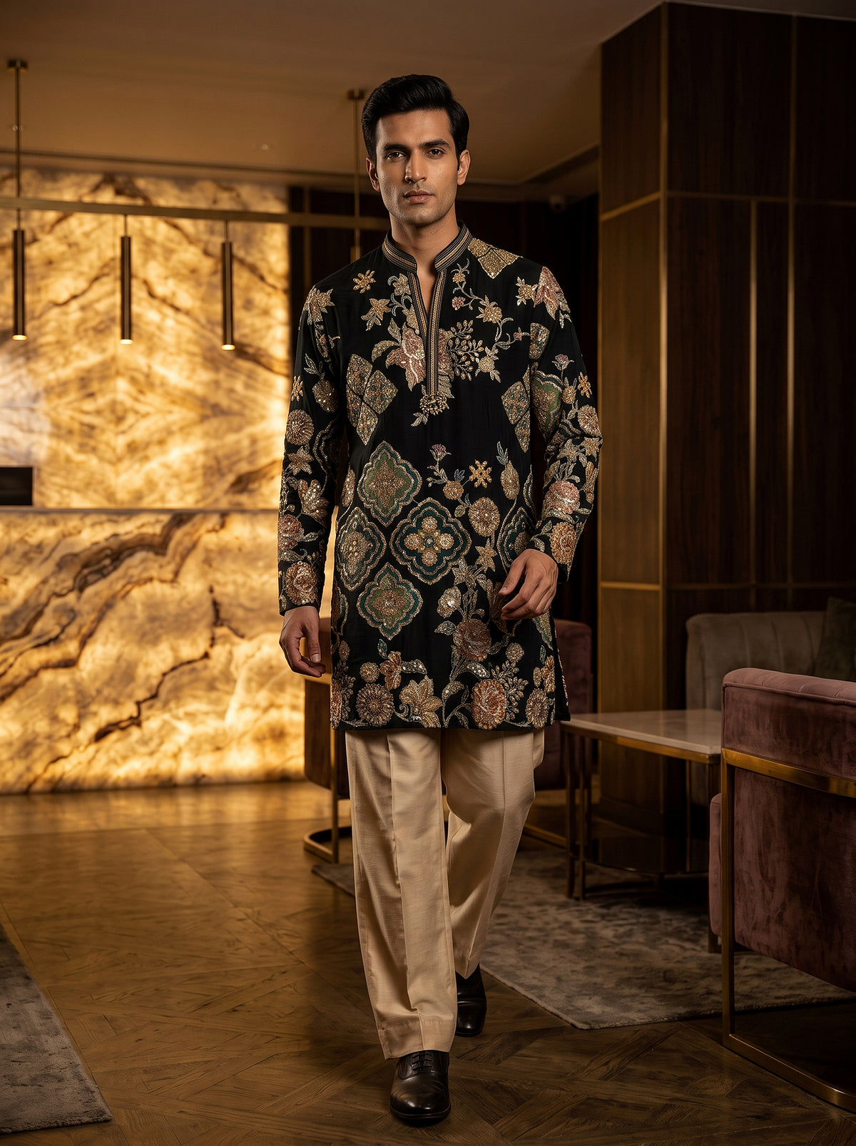 Midnight Opulence | Black Designer Kurta Set with Resham Embroidery | Palkhi Fashion