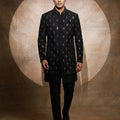 Midnight Majesty | Black Raw Silk Indo-Western Open Jacket Suit with Mirror Work | Palkhi Fashion