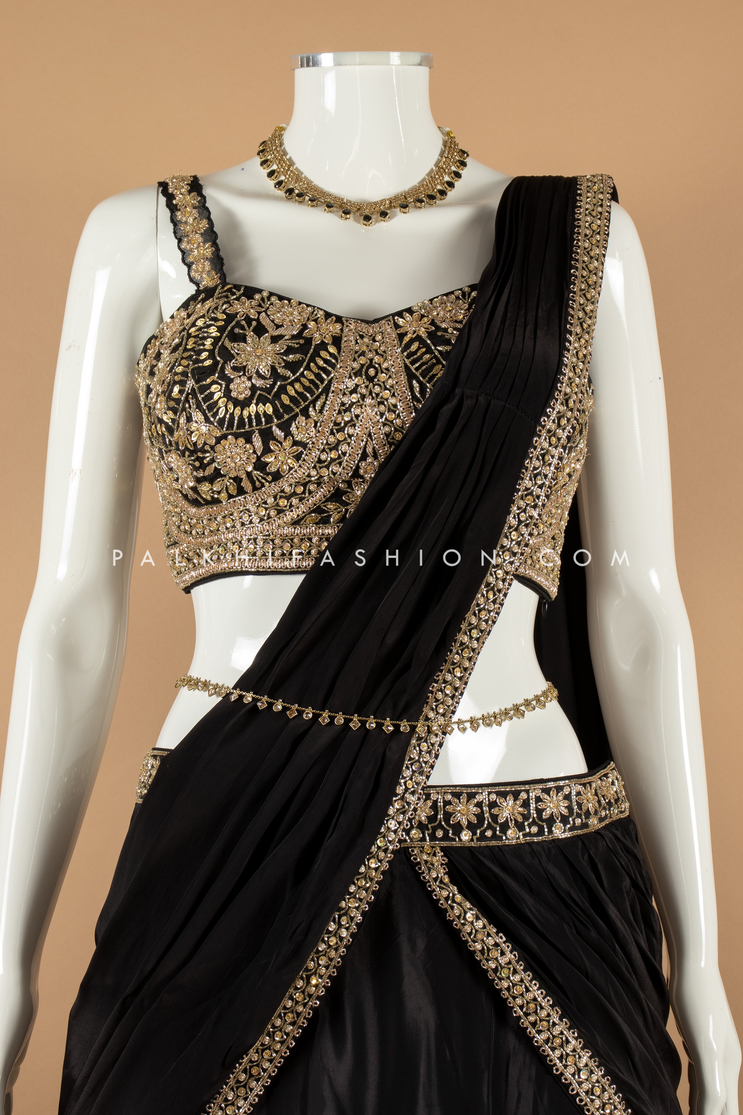 Black Satin Silk Lehenga Choli with Handwork & Attached Dupatta – Palkhi Fashion 