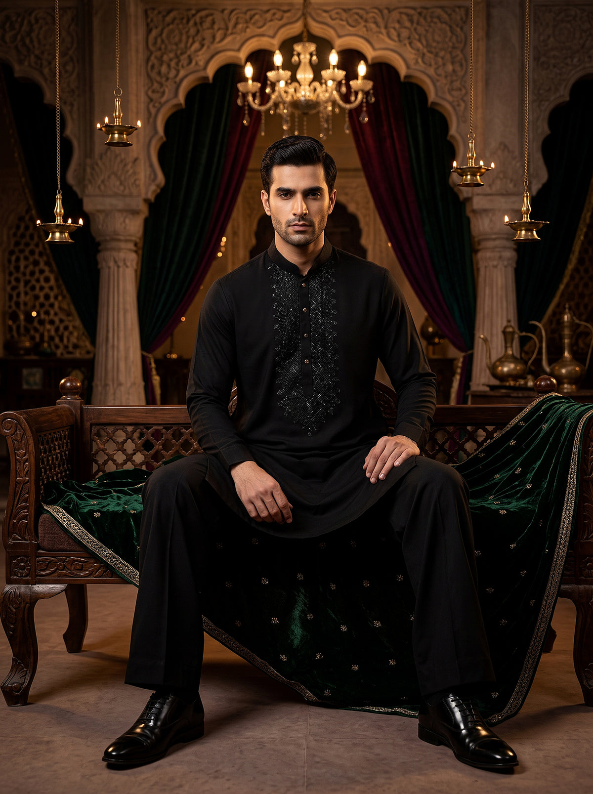 Midnight Majesty | Black Soft Armani Kurta with Petite Stone Work | Palkhi Fashion