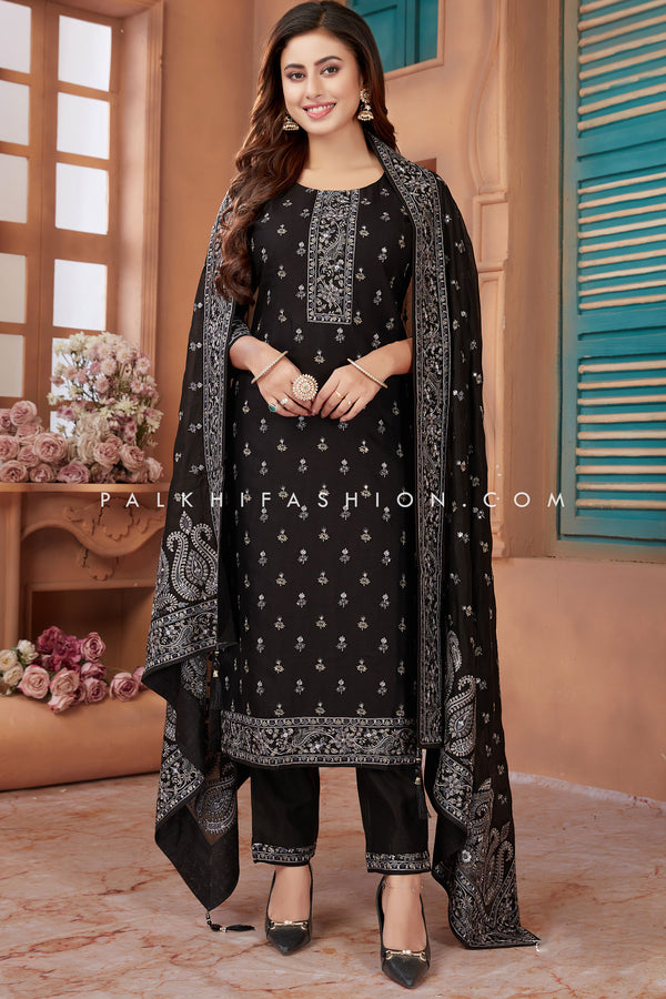 Black Straight Cut Suit with Intricate Stone and Handwork