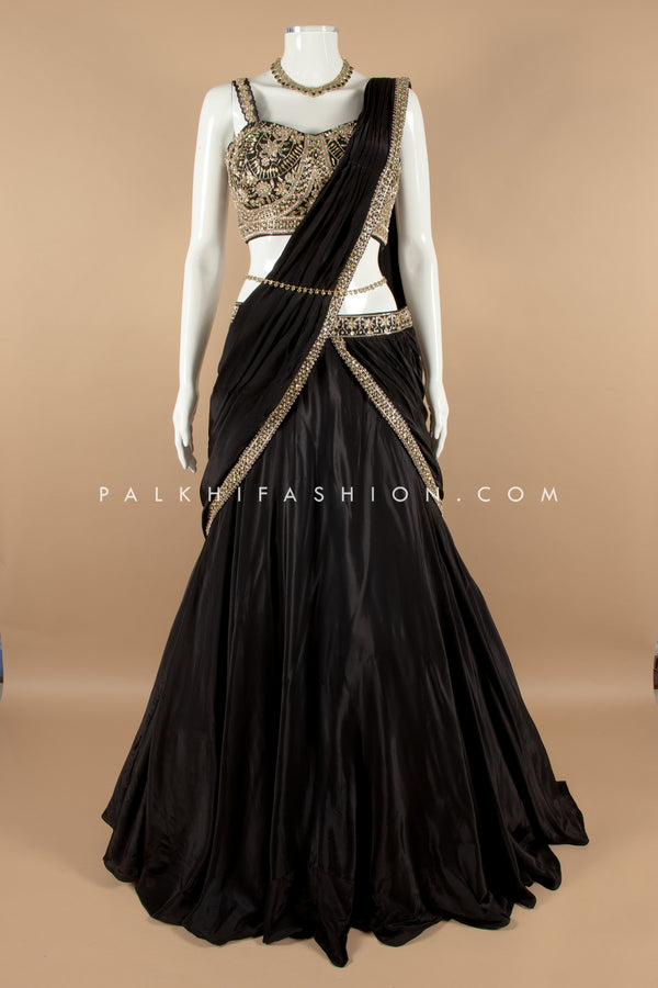 Black Satin Silk Lehenga Choli with Handwork & Attached Dupatta – Palkhi Fashion