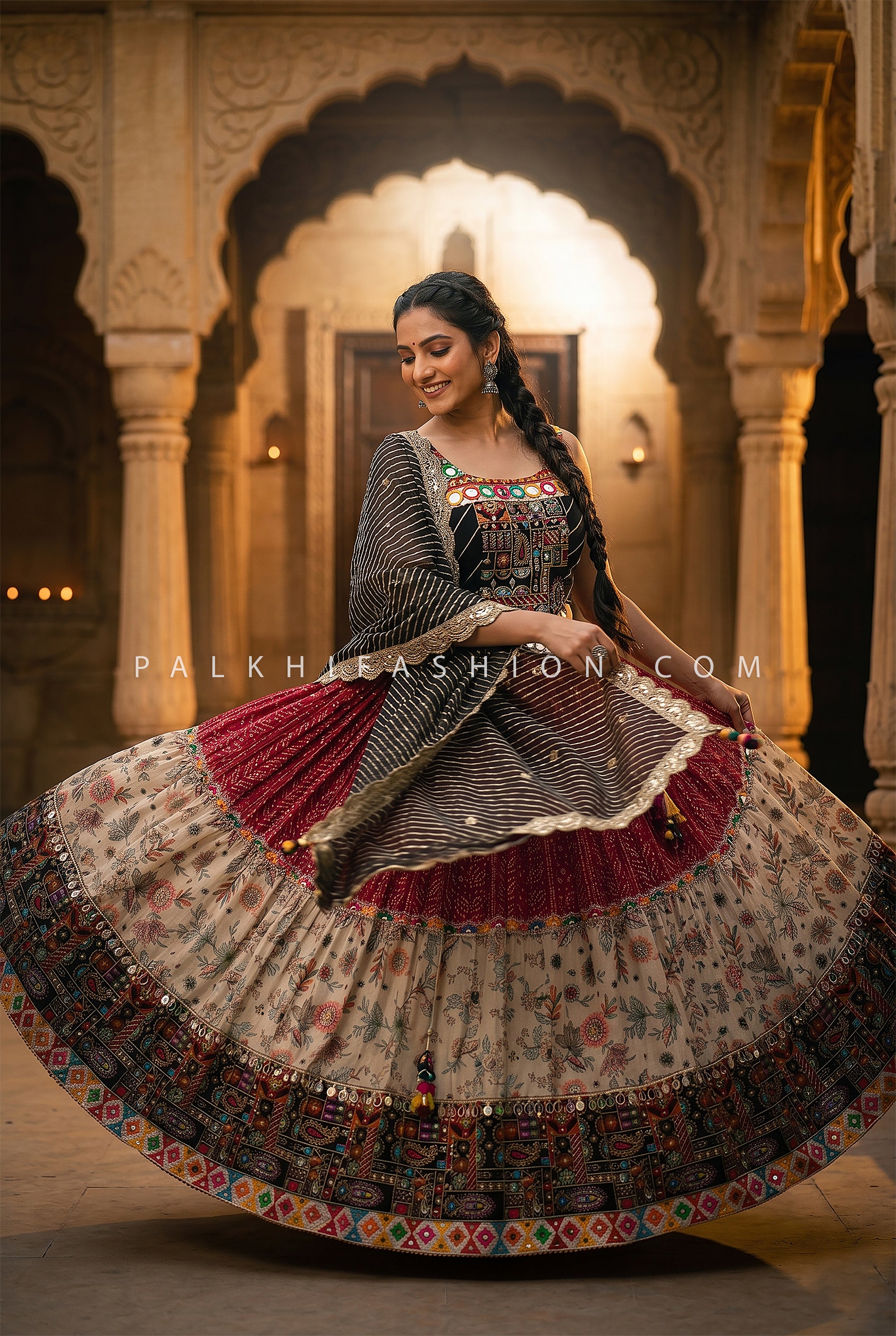 Black & Crimson Navratri Chaniya Choli With Appealing Blouse | Palkhi Fashion