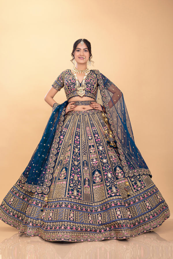 Blue Silk Designer Lehenga Choli with Multi-Color Embroidery - Palkhi Fashion