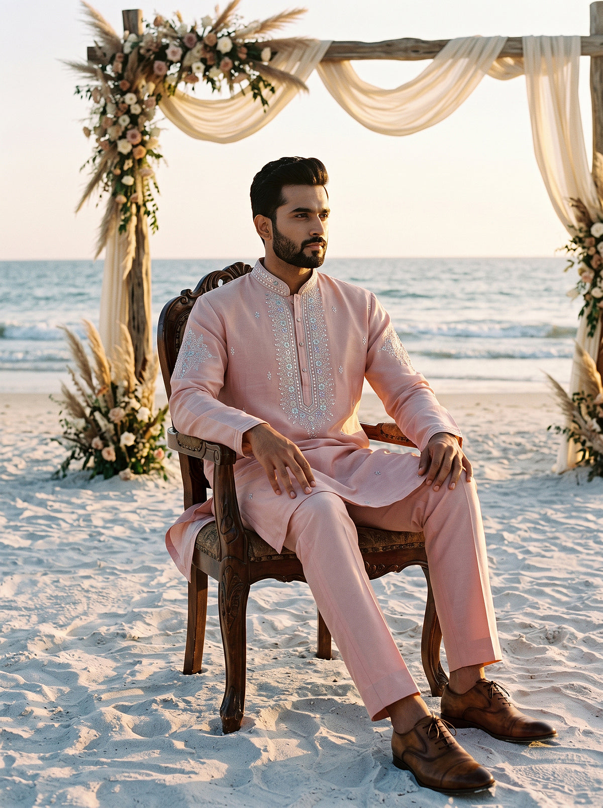 Pastel Grace | Blush Pink Silk Blend Men's Kurta Set with Mirror Work | Palkhi Fashion