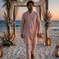 Pastel Grace | Blush Pink Silk Blend Men's Kurta Set with Mirror Work | Palkhi Fashion